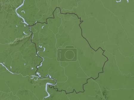 Téléchargez les photos : Zapadno-Backi, district de Serbie. Carte d'altitude colorée dans le style wiki avec des lacs et des rivières - en image libre de droit