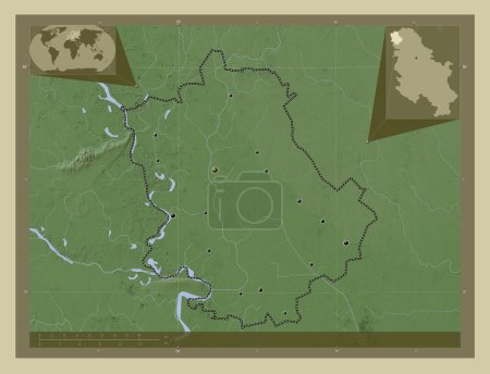 Foto de Zapadno-Backi, distrito de Serbia. Mapa de elevación coloreado en estilo wiki con lagos y ríos. Ubicaciones de las principales ciudades de la región. Mapas de ubicación auxiliares de esquina - Imagen libre de derechos