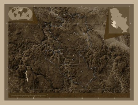 Photo for Zlatiborski, district of Serbia. Elevation map colored in sepia tones with lakes and rivers. Locations of major cities of the region. Corner auxiliary location maps - Royalty Free Image
