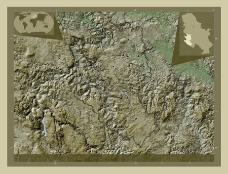 Photo for Zlatiborski, district of Serbia. Elevation map colored in wiki style with lakes and rivers. Locations of major cities of the region. Corner auxiliary location maps - Royalty Free Image