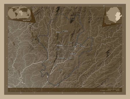 Téléchargez les photos : Eastern, province of Sierra Leone. Elevation map colored in sepia tones with lakes and rivers. Locations and names of major cities of the region. Corner auxiliary location maps - en image libre de droit