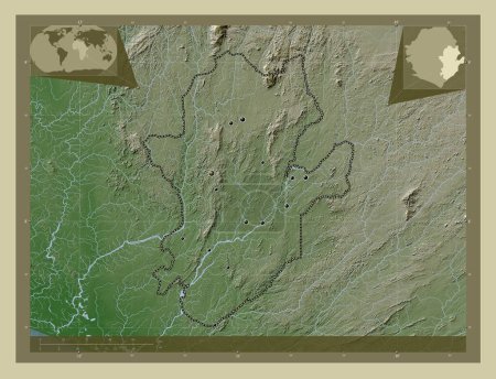 Téléchargez les photos : Eastern, province of Sierra Leone. Elevation map colored in wiki style with lakes and rivers. Locations of major cities of the region. Corner auxiliary location maps - en image libre de droit