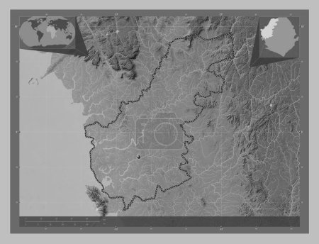 Téléchargez les photos : North West, province of Sierra Leone. Grayscale elevation map with lakes and rivers. Corner auxiliary location maps - en image libre de droit