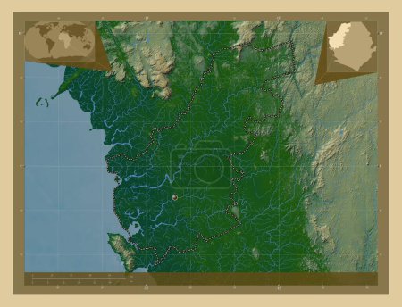 Téléchargez les photos : North West, province of Sierra Leone. Colored elevation map with lakes and rivers. Corner auxiliary location maps - en image libre de droit