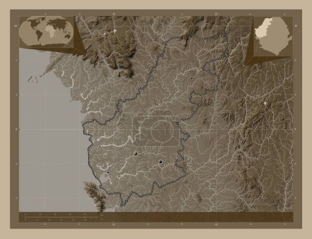 Téléchargez les photos : North West, province of Sierra Leone. Elevation map colored in sepia tones with lakes and rivers. Locations of major cities of the region. Corner auxiliary location maps - en image libre de droit