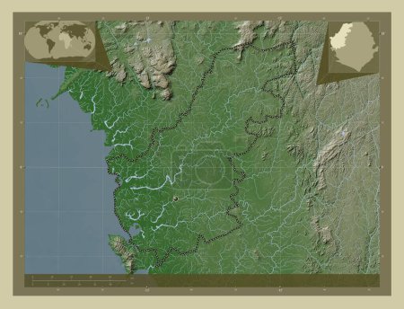 Téléchargez les photos : North West, province of Sierra Leone. Elevation map colored in wiki style with lakes and rivers. Corner auxiliary location maps - en image libre de droit
