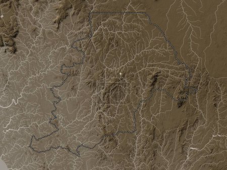 Téléchargez les photos : Northern, province of Sierra Leone. Elevation map colored in sepia tones with lakes and rivers - en image libre de droit