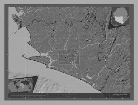 Photo for Southern, province of Sierra Leone. Bilevel elevation map with lakes and rivers. Locations and names of major cities of the region. Corner auxiliary location maps - Royalty Free Image