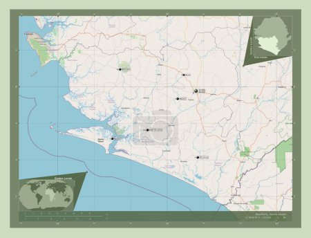 Téléchargez les photos : Southern, province of Sierra Leone. Open Street Map. Locations and names of major cities of the region. Corner auxiliary location maps - en image libre de droit