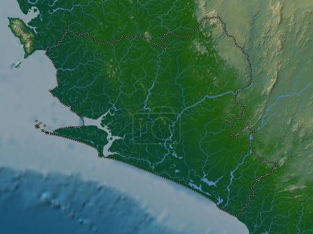 Téléchargez les photos : Southern, province of Sierra Leone. Colored elevation map with lakes and rivers - en image libre de droit