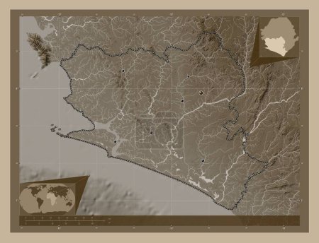 Photo for Southern, province of Sierra Leone. Elevation map colored in sepia tones with lakes and rivers. Locations of major cities of the region. Corner auxiliary location maps - Royalty Free Image