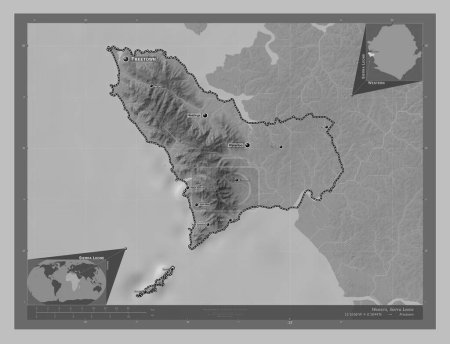 Photo for Western, province of Sierra Leone. Grayscale elevation map with lakes and rivers. Locations and names of major cities of the region. Corner auxiliary location maps - Royalty Free Image