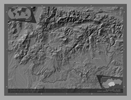 Photo for Banskobystricky, region of Slovakia. Bilevel elevation map with lakes and rivers. Locations and names of major cities of the region. Corner auxiliary location maps - Royalty Free Image