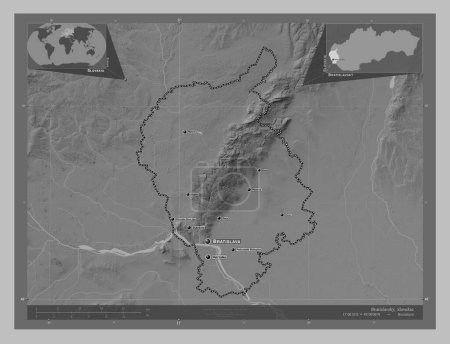 Photo for Bratislavsky, region of Slovakia. Grayscale elevation map with lakes and rivers. Locations and names of major cities of the region. Corner auxiliary location maps - Royalty Free Image