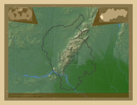 Téléchargez les photos : Bratislavsky, region of Slovakia. Colored elevation map with lakes and rivers. Corner auxiliary location maps - en image libre de droit