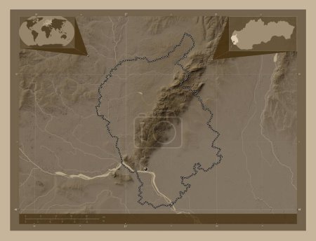 Photo for Bratislavsky, region of Slovakia. Elevation map colored in sepia tones with lakes and rivers. Corner auxiliary location maps - Royalty Free Image