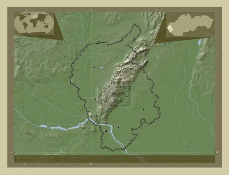 Photo for Bratislavsky, region of Slovakia. Elevation map colored in wiki style with lakes and rivers. Locations of major cities of the region. Corner auxiliary location maps - Royalty Free Image