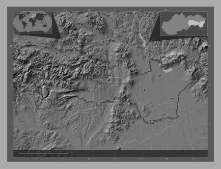 Photo for Kosicky, region of Slovakia. Bilevel elevation map with lakes and rivers. Locations of major cities of the region. Corner auxiliary location maps - Royalty Free Image