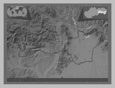 Téléchargez les photos : Kosicky, region of Slovakia. Grayscale elevation map with lakes and rivers. Locations of major cities of the region. Corner auxiliary location maps - en image libre de droit