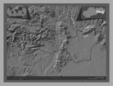 Photo for Kosicky, region of Slovakia. Bilevel elevation map with lakes and rivers. Locations and names of major cities of the region. Corner auxiliary location maps - Royalty Free Image