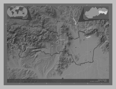 Photo for Kosicky, region of Slovakia. Grayscale elevation map with lakes and rivers. Locations and names of major cities of the region. Corner auxiliary location maps - Royalty Free Image