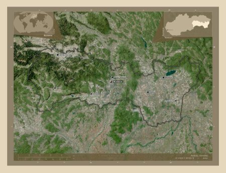 Photo for Kosicky, region of Slovakia. High resolution satellite map. Locations and names of major cities of the region. Corner auxiliary location maps - Royalty Free Image