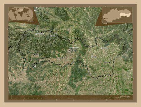 Photo for Kosicky, region of Slovakia. Low resolution satellite map. Locations and names of major cities of the region. Corner auxiliary location maps - Royalty Free Image