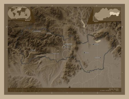 Photo for Kosicky, region of Slovakia. Elevation map colored in sepia tones with lakes and rivers. Locations and names of major cities of the region. Corner auxiliary location maps - Royalty Free Image