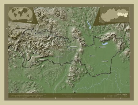 Photo for Kosicky, region of Slovakia. Elevation map colored in wiki style with lakes and rivers. Locations and names of major cities of the region. Corner auxiliary location maps - Royalty Free Image
