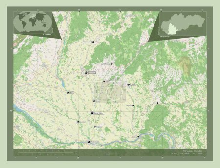 Téléchargez les photos : Nitriansky, région de Slovaquie. Ouvrir la carte routière. Emplacements et noms des grandes villes de la région. Corner cartes de localisation auxiliaires - en image libre de droit
