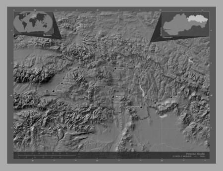 Photo for Presovsky, region of Slovakia. Bilevel elevation map with lakes and rivers. Locations and names of major cities of the region. Corner auxiliary location maps - Royalty Free Image