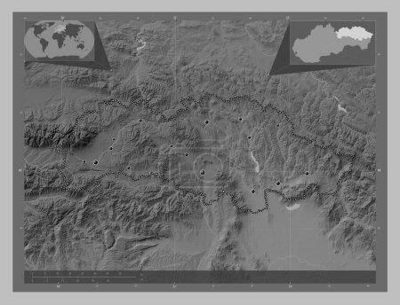 Photo for Presovsky, region of Slovakia. Grayscale elevation map with lakes and rivers. Locations of major cities of the region. Corner auxiliary location maps - Royalty Free Image