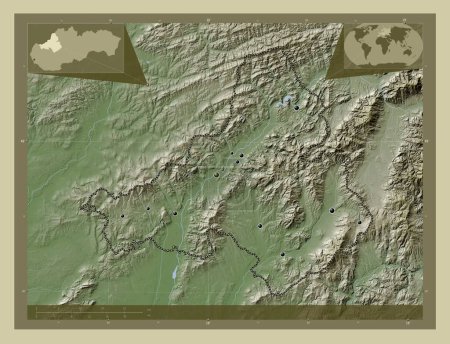 Photo for Trenciansky, region of Slovakia. Elevation map colored in wiki style with lakes and rivers. Locations of major cities of the region. Corner auxiliary location maps - Royalty Free Image