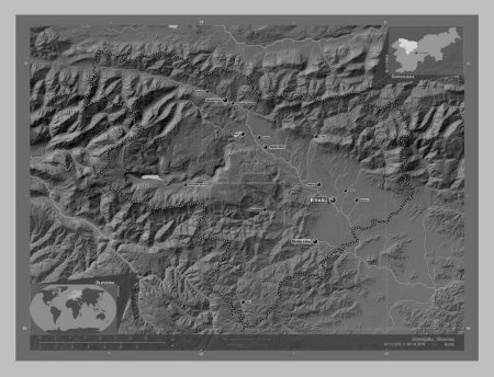 Photo for Gorenjska, statistical region of Slovenia. Grayscale elevation map with lakes and rivers. Locations and names of major cities of the region. Corner auxiliary location maps - Royalty Free Image