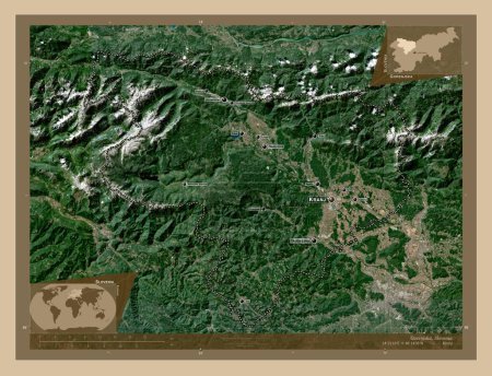 Photo for Gorenjska, statistical region of Slovenia. Low resolution satellite map. Locations and names of major cities of the region. Corner auxiliary location maps - Royalty Free Image