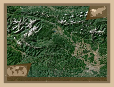 Photo for Gorenjska, statistical region of Slovenia. Low resolution satellite map. Locations of major cities of the region. Corner auxiliary location maps - Royalty Free Image