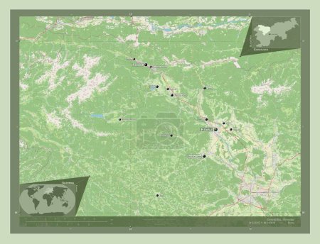 Photo for Gorenjska, statistical region of Slovenia. Open Street Map. Locations and names of major cities of the region. Corner auxiliary location maps - Royalty Free Image