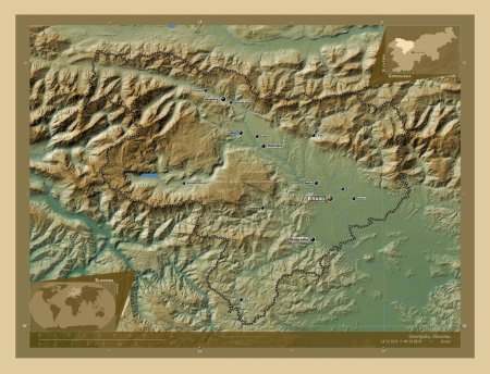 Photo for Gorenjska, statistical region of Slovenia. Colored elevation map with lakes and rivers. Locations and names of major cities of the region. Corner auxiliary location maps - Royalty Free Image