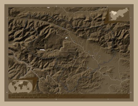 Photo for Gorenjska, statistical region of Slovenia. Elevation map colored in sepia tones with lakes and rivers. Locations of major cities of the region. Corner auxiliary location maps - Royalty Free Image