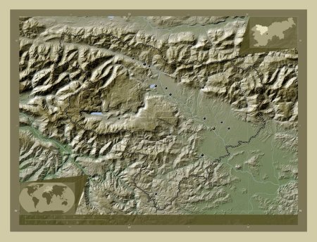 Photo for Gorenjska, statistical region of Slovenia. Elevation map colored in wiki style with lakes and rivers. Locations of major cities of the region. Corner auxiliary location maps - Royalty Free Image
