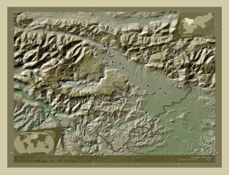 Photo for Gorenjska, statistical region of Slovenia. Elevation map colored in wiki style with lakes and rivers. Locations and names of major cities of the region. Corner auxiliary location maps - Royalty Free Image