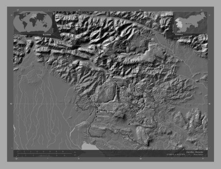 Téléchargez les photos : Goriska, statistical region of Slovenia. Bilevel elevation map with lakes and rivers. Locations and names of major cities of the region. Corner auxiliary location maps - en image libre de droit