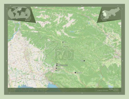 Téléchargez les photos : Goriska, région statistique de Slovénie. Ouvrir la carte routière. Emplacements et noms des grandes villes de la région. Corner cartes de localisation auxiliaires - en image libre de droit