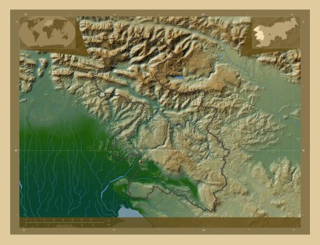 Photo for Goriska, statistical region of Slovenia. Colored elevation map with lakes and rivers. Corner auxiliary location maps - Royalty Free Image