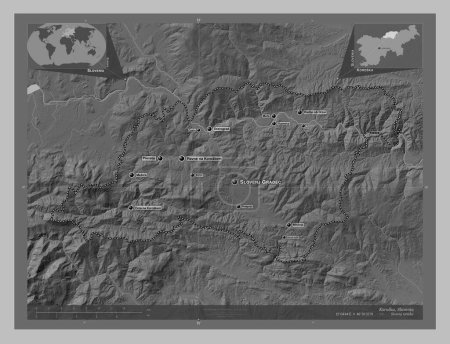 Téléchargez les photos : Koroska, statistical region of Slovenia. Grayscale elevation map with lakes and rivers. Locations and names of major cities of the region. Corner auxiliary location maps - en image libre de droit