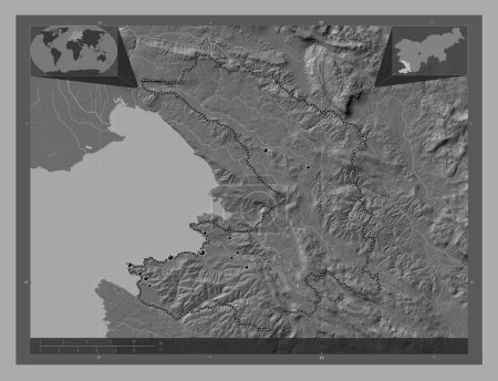 Téléchargez les photos : Obalno-kraska, statistical region of Slovenia. Bilevel elevation map with lakes and rivers. Locations of major cities of the region. Corner auxiliary location maps - en image libre de droit