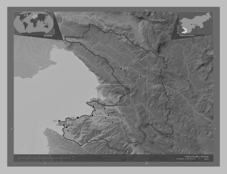Téléchargez les photos : Obalno-kraska, statistical region of Slovenia. Grayscale elevation map with lakes and rivers. Locations and names of major cities of the region. Corner auxiliary location maps - en image libre de droit