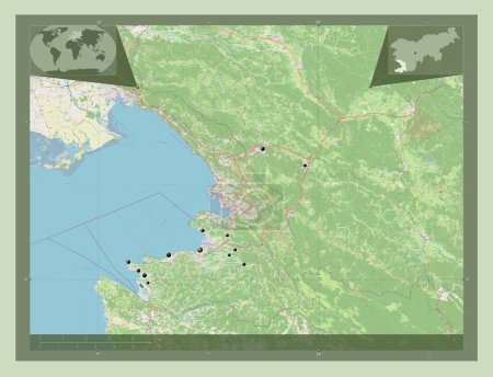 Téléchargez les photos : Obalno-kraska, statistical region of Slovenia. Open Street Map. Locations of major cities of the region. Corner auxiliary location maps - en image libre de droit