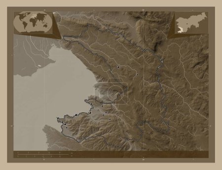 Téléchargez les photos : Obalno-kraska, statistical region of Slovenia. Elevation map colored in sepia tones with lakes and rivers. Locations of major cities of the region. Corner auxiliary location maps - en image libre de droit