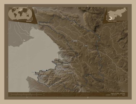 Téléchargez les photos : Obalno-kraska, statistical region of Slovenia. Elevation map colored in sepia tones with lakes and rivers. Locations and names of major cities of the region. Corner auxiliary location maps - en image libre de droit